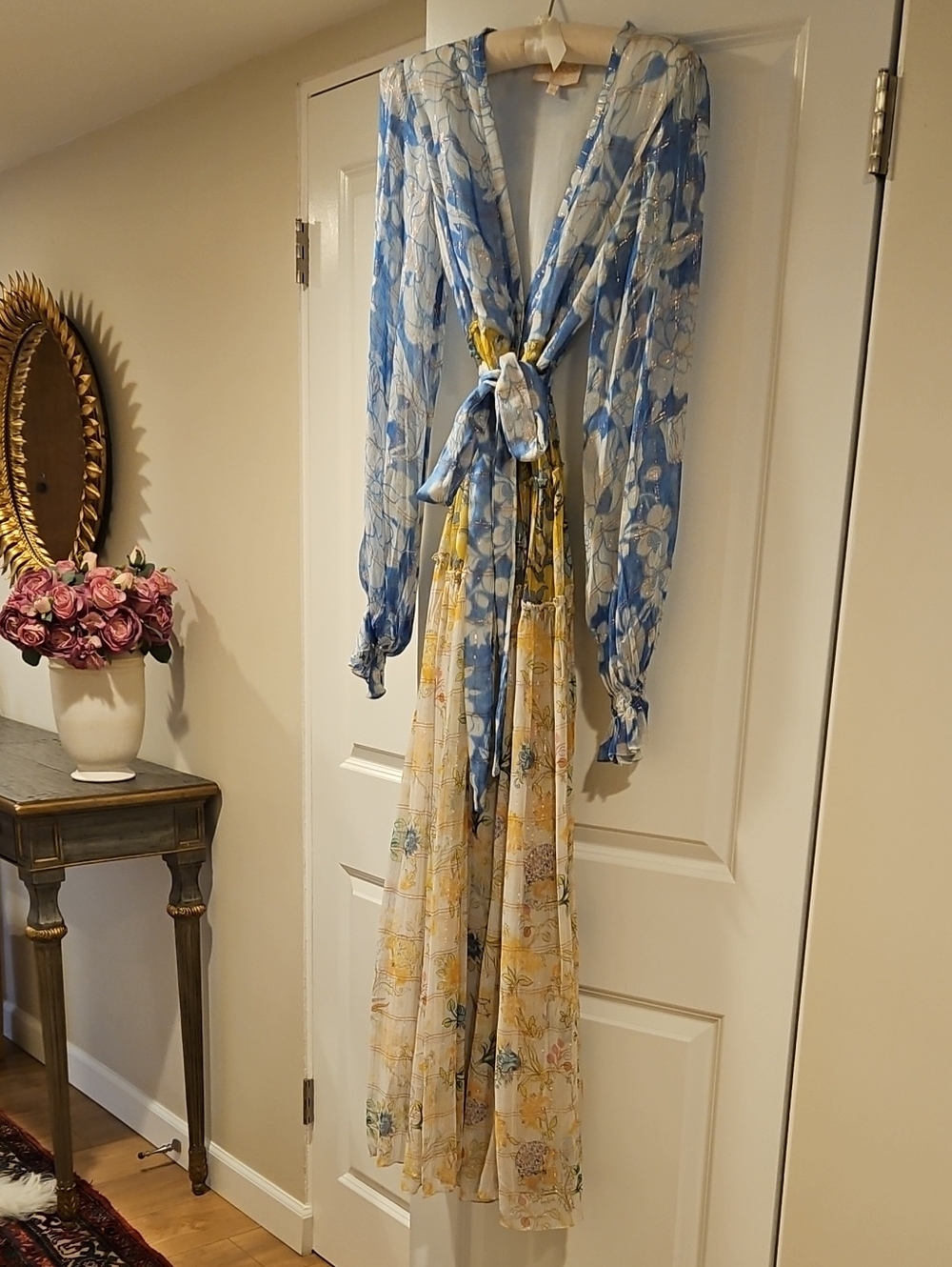 Rococo Sand Sheer Floral Tie-Front Dress in Blue and Yellow